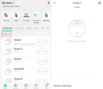 Screenshot mit der Kategorie „Groups“ und der Gruppenstatusseite in der Kasa-App.
