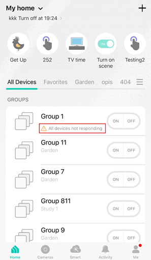 Screenshot mit der Fehlermeldung „All devices not responding“ neben einer Gruppe in der Kasa-App.