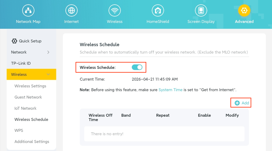 Seite „Wireless Schedule“ mit aktiviertem Schalter „Wireless Schedule“ und hervorgehobener Schaltfläche „Add“.