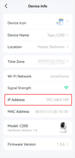 Die IP-Adresse der Kamera auf der Seite „Device Info“ anzeigen.