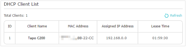 Die IP-Adresse der Kamera in der DHCP-Client-Liste des Routers anzeigen.