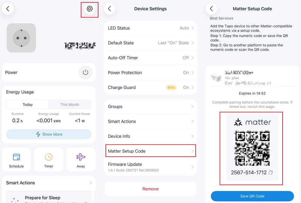 On Device Settings page of Tapo app, click the Matter Setup Code to generate a Matter code.