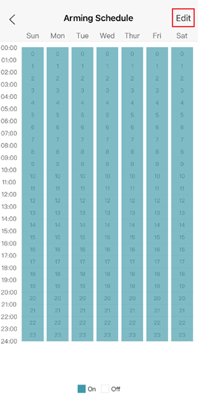 VIGI App Arming Schedule page showing the Edit option