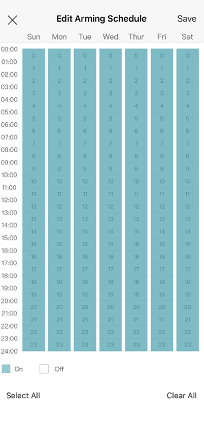 VIGI App Arming Schedule page showing Motion Detection enabled all day