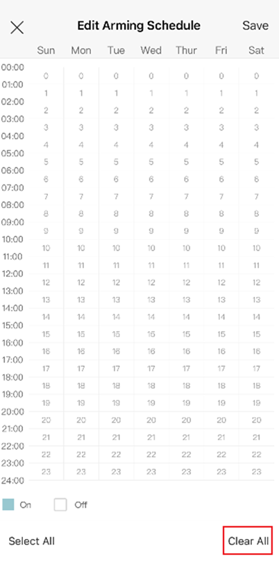 VIGI App Arming Schedule page showing the Clear All option