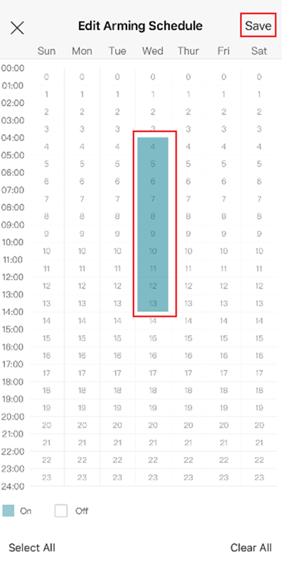 VIGI App Arming Schedule page showing a custom Motion Detection schedule