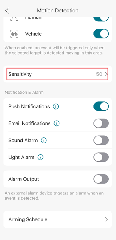 VIGI App Motion Detection settings showing the Sensitivity option