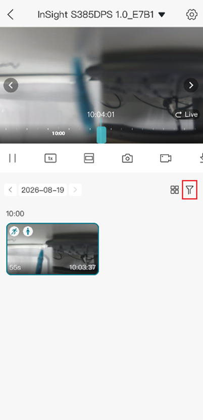 VIGI App playback filter showing motion event filtering options