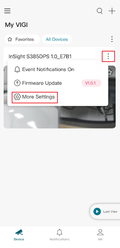 Página do dispositivo do aplicativo VIGI mostrando a opção Mais configurações
