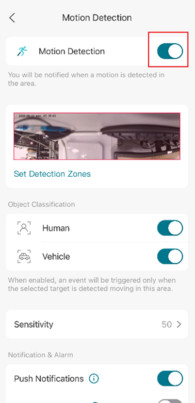 VIGI App Motion Detection page showing the Motion Detection toggle enabled