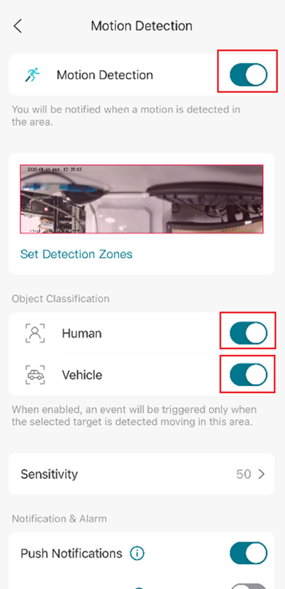 VIGI App Object Classification settings showing Human and Vehicle detection options
