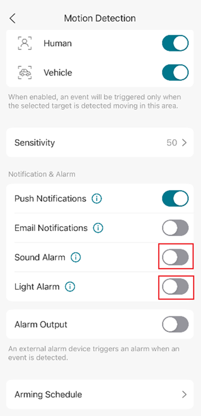 VIGI App Alarm settings showing Sound Alarm and Light Alarm options