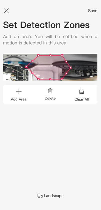VIGI App Detection Zone page showing a custom motion detection area