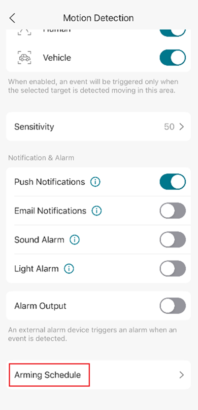 VIGI App Motion Detection settings showing the Arming Schedule option