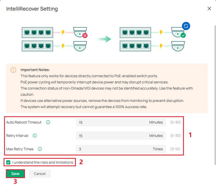 IntelliRecover settings for Auto Reboot Timeout, Retry Interval, and Max Retry Times