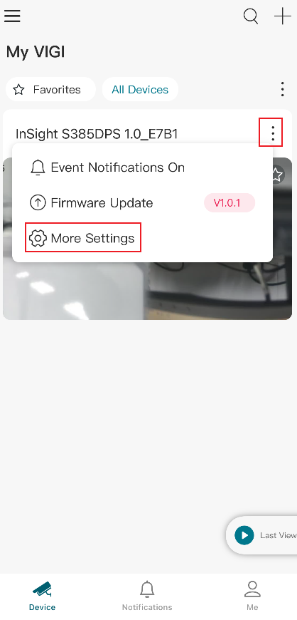 VIGI App Device page showing the expanded device menu with the More Settings option