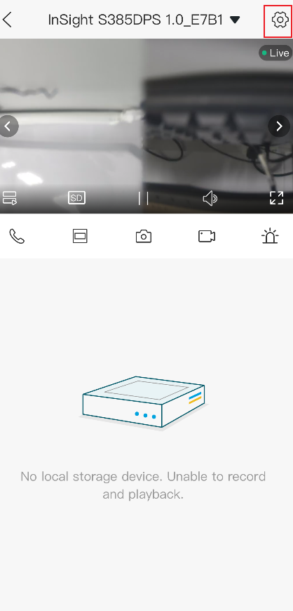 VIGI App Live View page showing the device settings icon