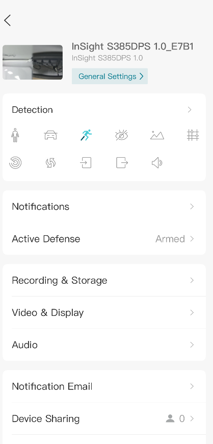 VIGI App Device Settings page showing Detection, Notifications, video, and storage settings