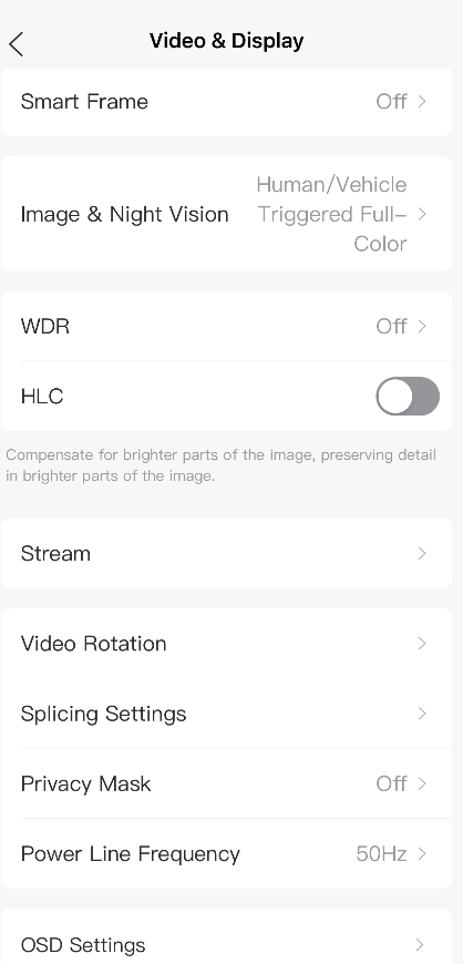 VIGI App Video & Display page showing image, stream, privacy mask, and display settings