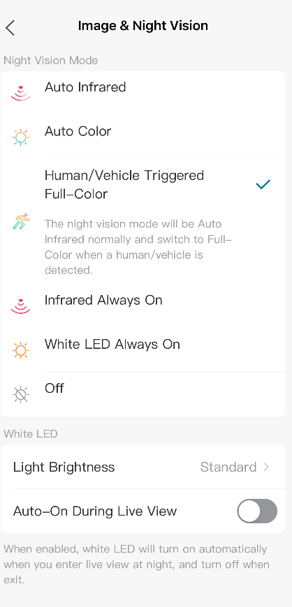 VIGI App Image & Night Vision page showing Night Vision Mode and White LED settings