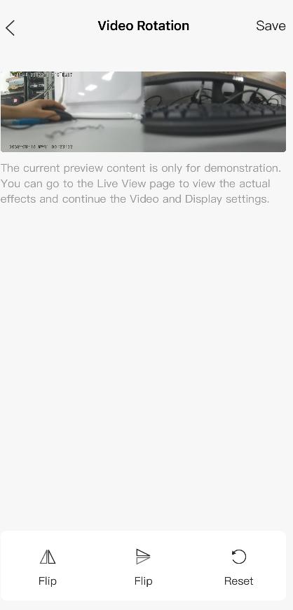 VIGI App Video Rotation page showing preview and Video Rotation settings