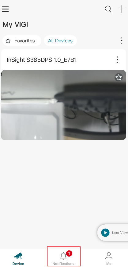 VIGI App Device page highlighting the Notifications tab