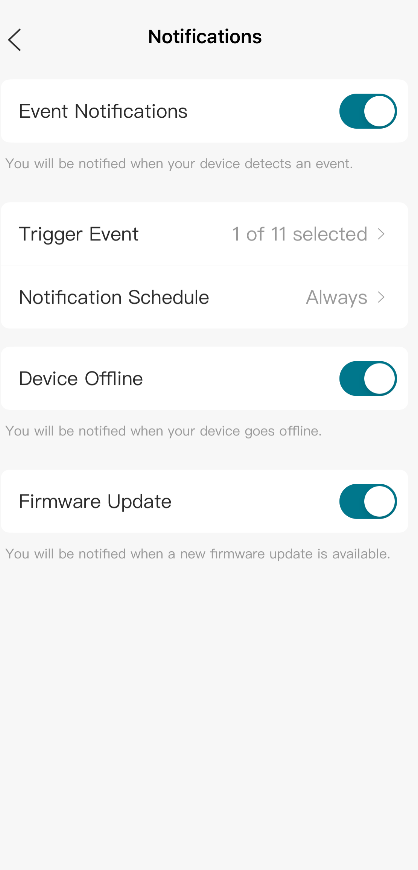 VIGI App Notifications page showing event notification, offline notification, and firmware update settings