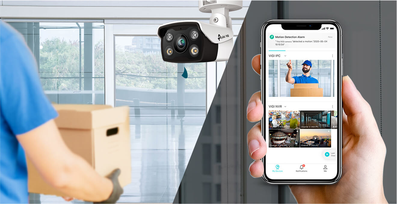 Simulated monitoring scenario showing a VIGI camera and the VIGI App