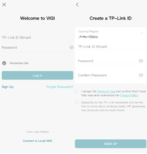 VIGI App Create a TP-Link ID page showing country, email, and password fields