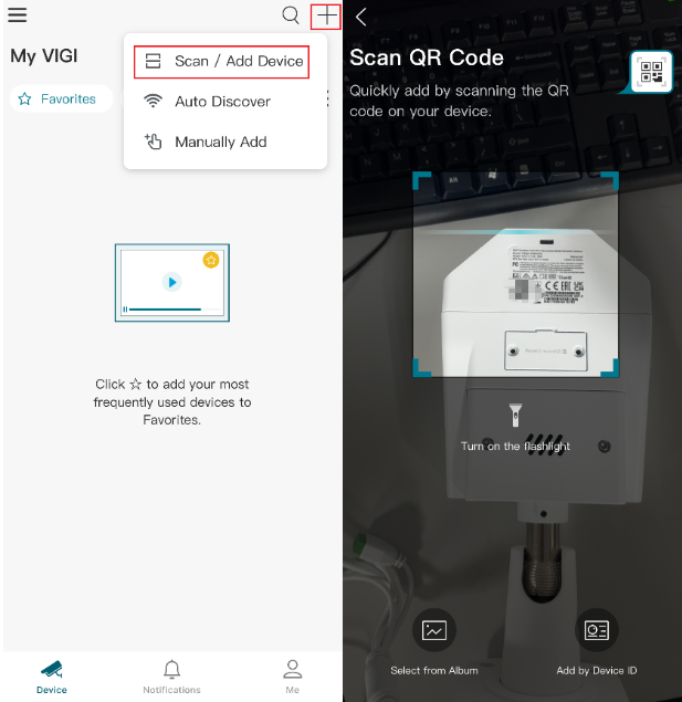 VIGI App Add Device page showing QR code scanning for device addition