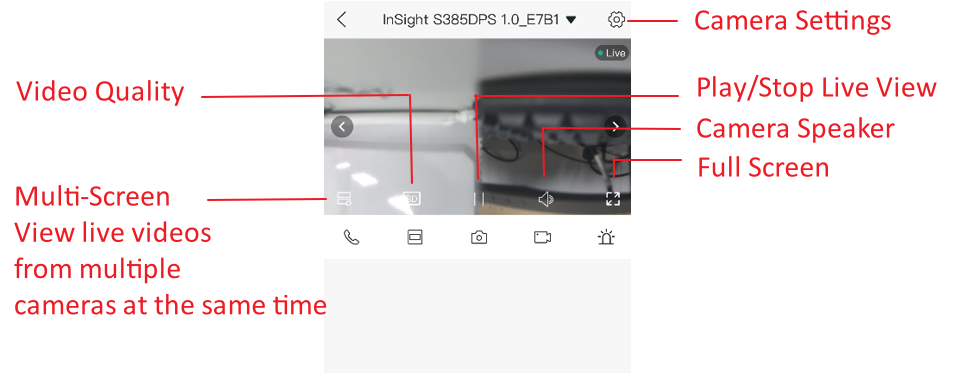 VIGI App Live View page showing camera settings, video controls, and multi-screen viewing options