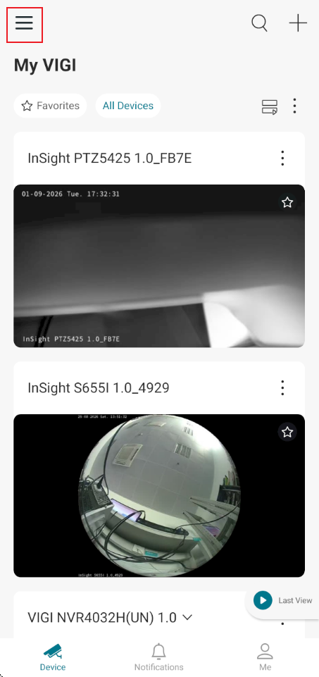 The menu icon position on the Device page