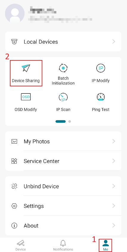 The Device Sharing position on the Me page