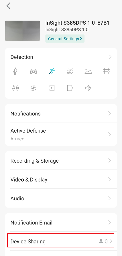 The Device Sharing position on the Device Settings page