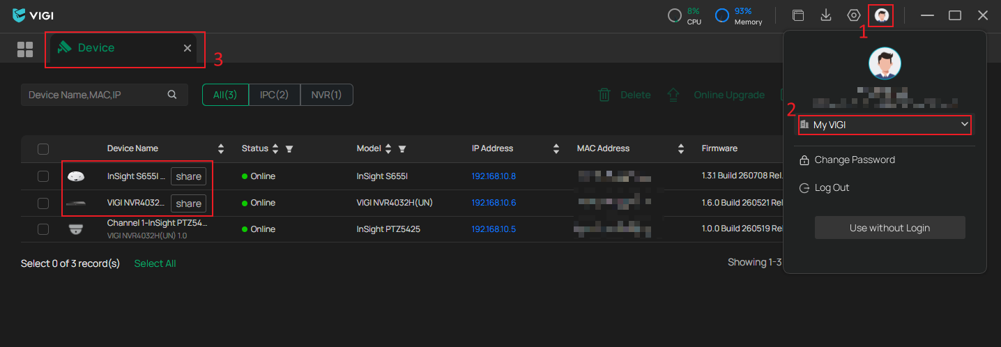 Shared devices are marked with a shared label next to the device name in VIGI PC Client