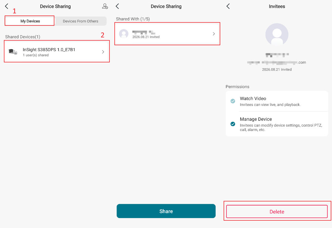 Device Sharing settings in VIGI App showing shared user permissions and the option to remove shared access