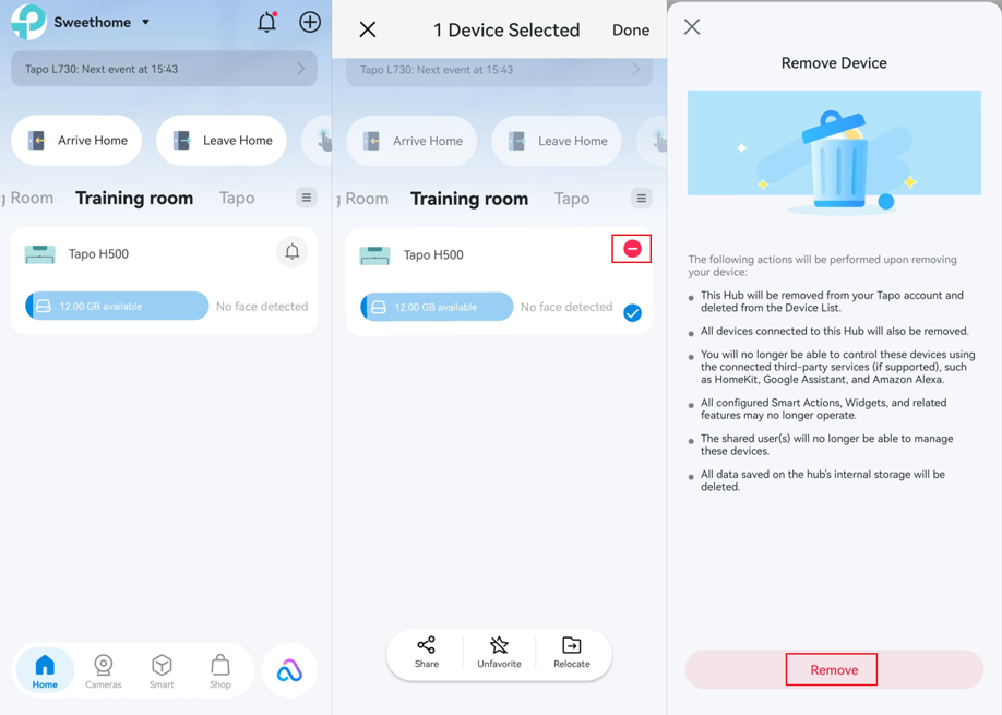 The path to remove the Tapo Hub from Tapo App Home page.