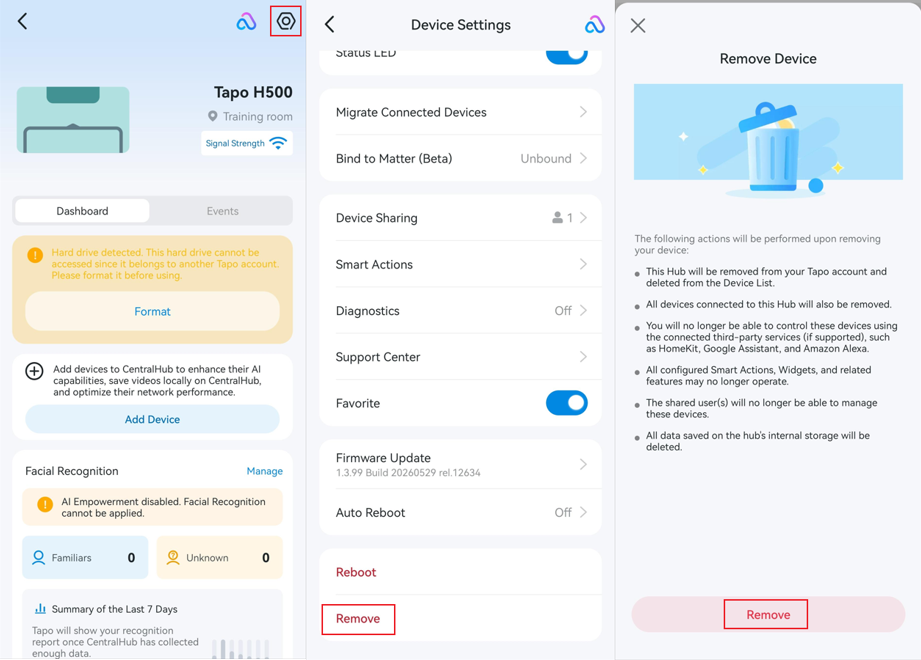 The path to remove the Tapo Hub from the hub Device Settings page.