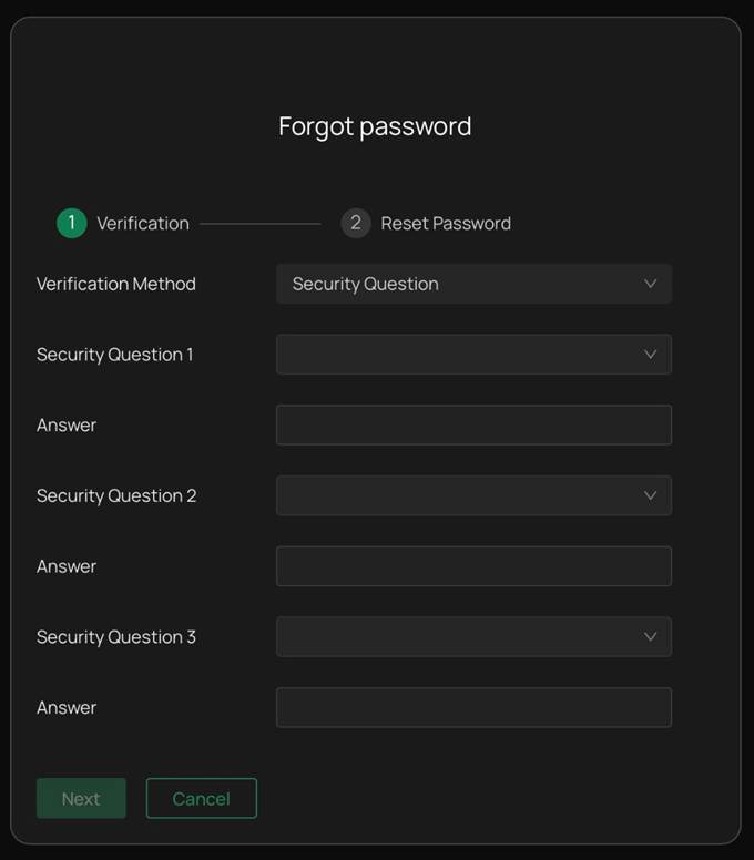 Forgot password verification page requiring answers to three security questions before resetting the password