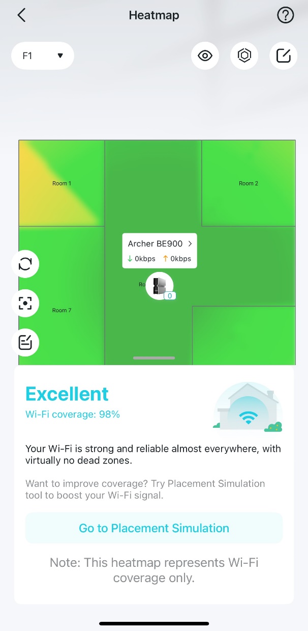 A Wi-Fi coverage heatmap for a home floor plan with five rooms. The map indicates "Excellent" coverage with "100% Wi-Fi strength and virtually no dead zones." The screen suggests using a "Placement Simulation" tool to boost the signal.
