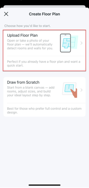 The Create Floor Plan page, which offers two options for a user to begin, and "Upload Floor Plan" is selected.