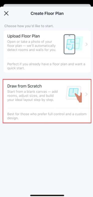 The Create Floor Plan page, which offers two options for a user to begin, and "Draw from Scratch" is selected.