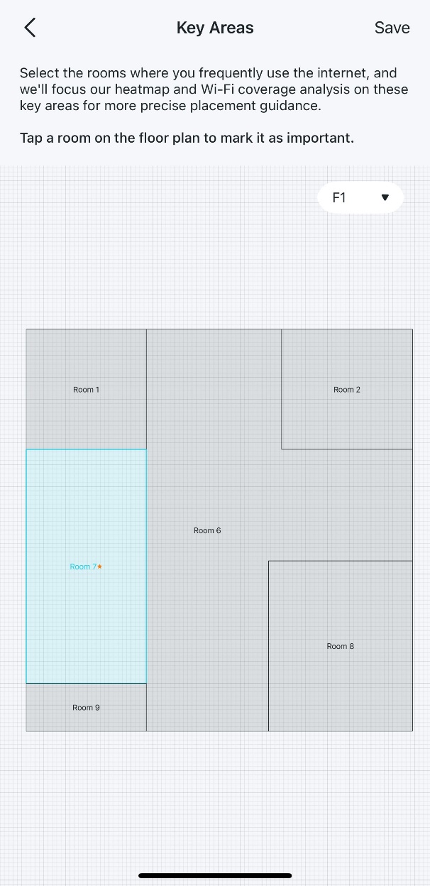 The Key Areas page displays one room highlighted in blue, indicating that it is a key area.