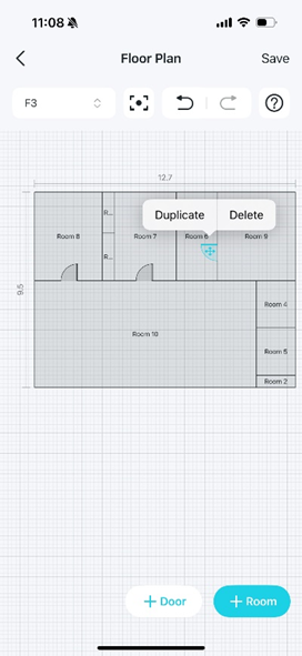 A floor plan editing page with a door is selected, displaying a menu with options for Duplicate and Delete.