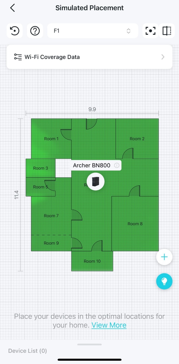 The Simulated Placement page displays a floor plan with a device icon within the Room 6 area.