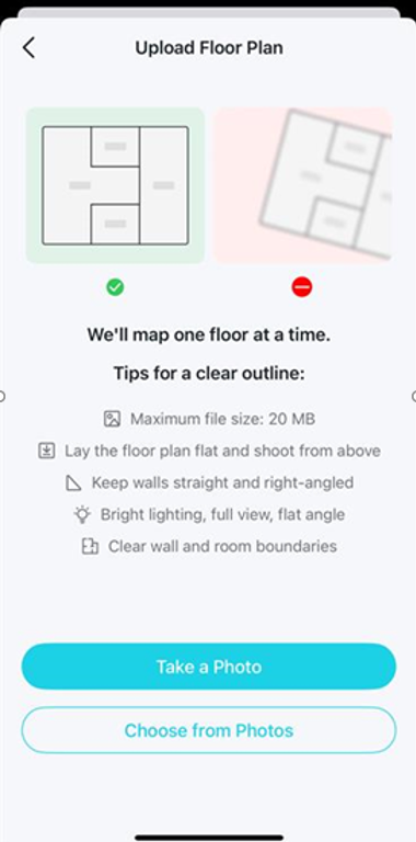A page that offers tips and requirements for uploading a floor plan with a clear outline.  Below the tips are two prominent buttons: "Take a Photo" and "Choose from Photos".