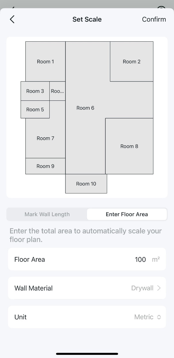 This screen allows you to calibrate your Floor Area, Wall Materials, and Unit.