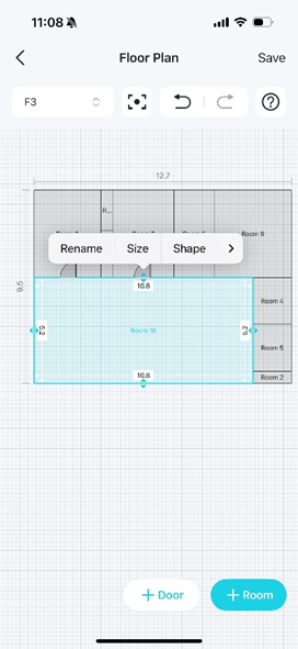 A floor plan editing page with a room is selected, displaying a menu with options for Rename, Size, and Shape.