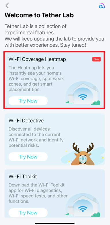 Locate the Wi-Fi Coverage Heatmap card in the Tether Lab in the Tether app.
