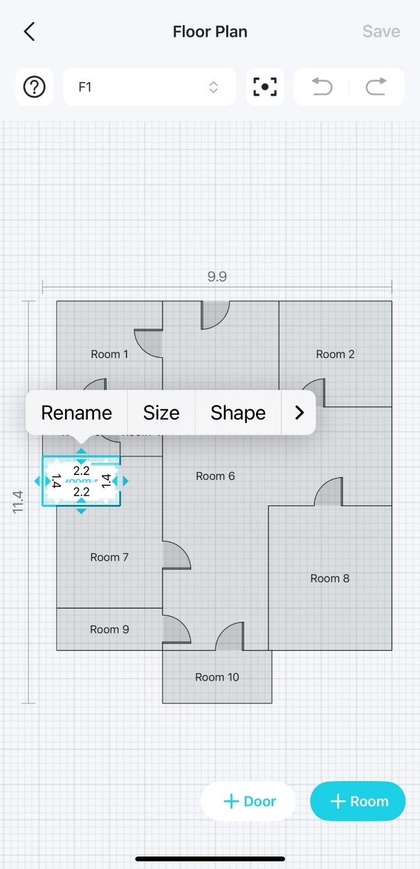 A floor plan editing page displays a selected room with a pop-up menu with 'Rename', 'Size', and 'Shape' options.